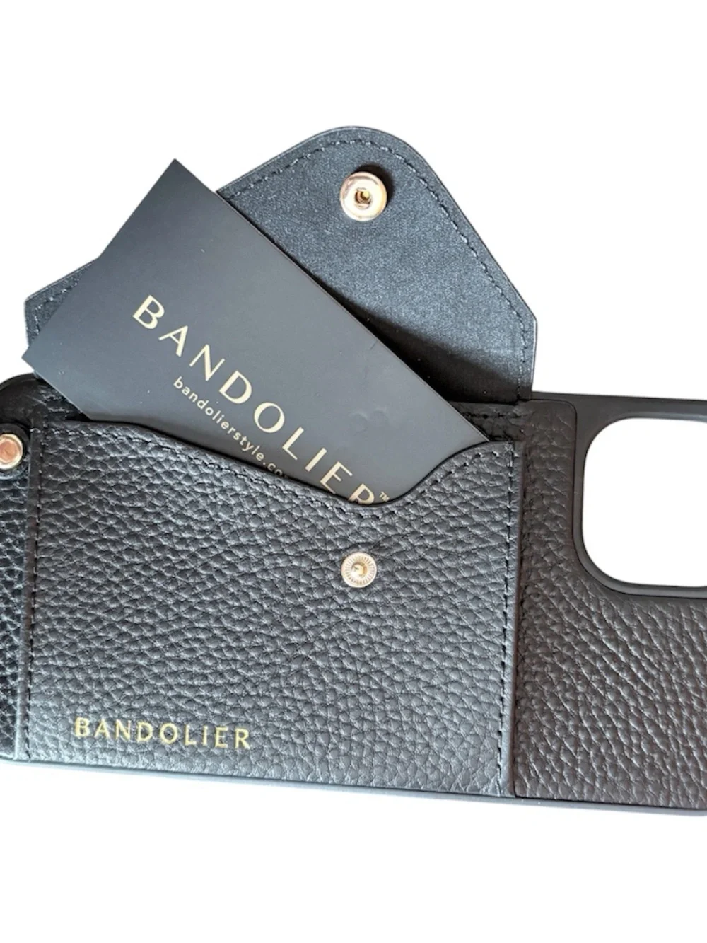 Bandolier Black Pebbled Leather Wallet with Gold Logo & wristlet loop.